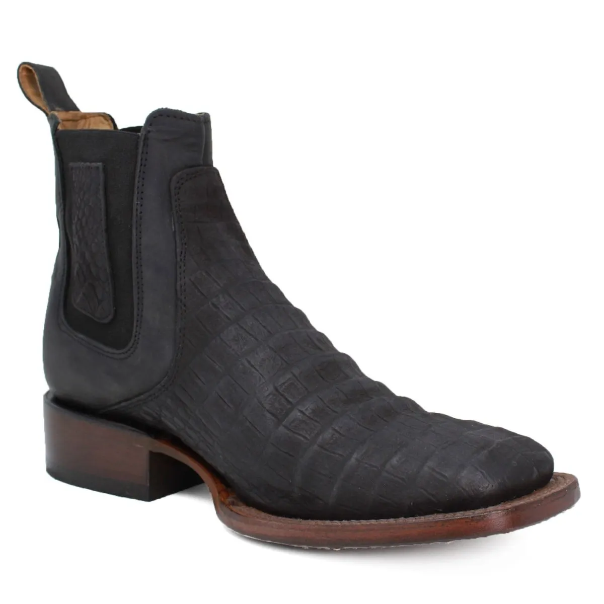 Caiman Belly Print Square Toe Ankle Boots - Black