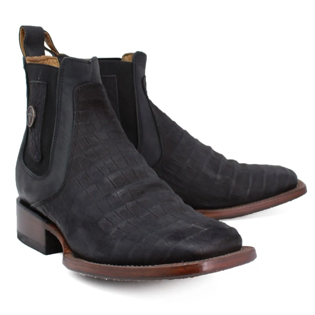 Caiman Belly Print Square Toe Ankle Boots - Black