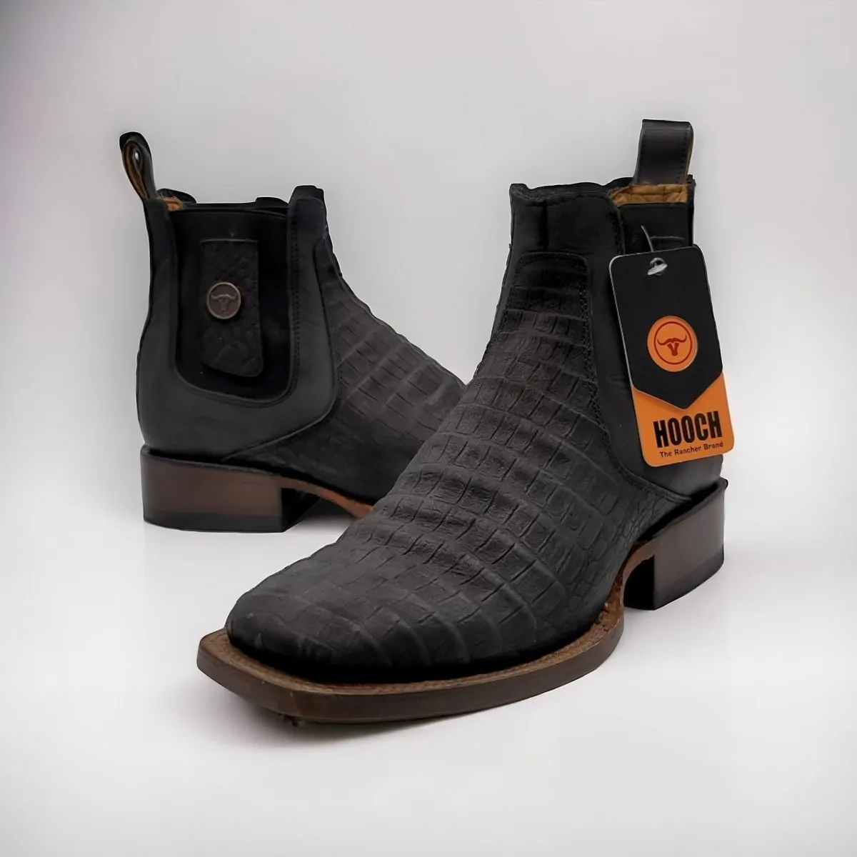 Caiman Belly Print Square Toe Ankle Boots - Black
