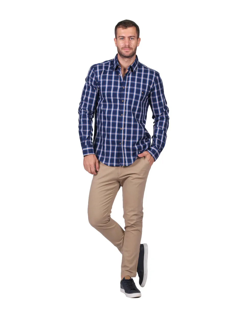 Camisas Hombre Slim Fit Manga Larga Cuadros 3 B25114