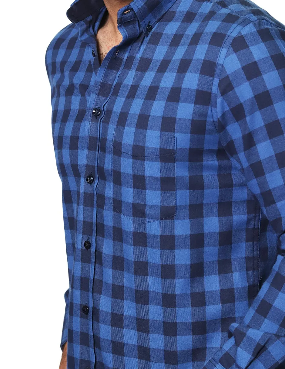 Camisas Para Hombre De Manga Larga Con Estampado De Cuadros Regular Fit B35228 Azul