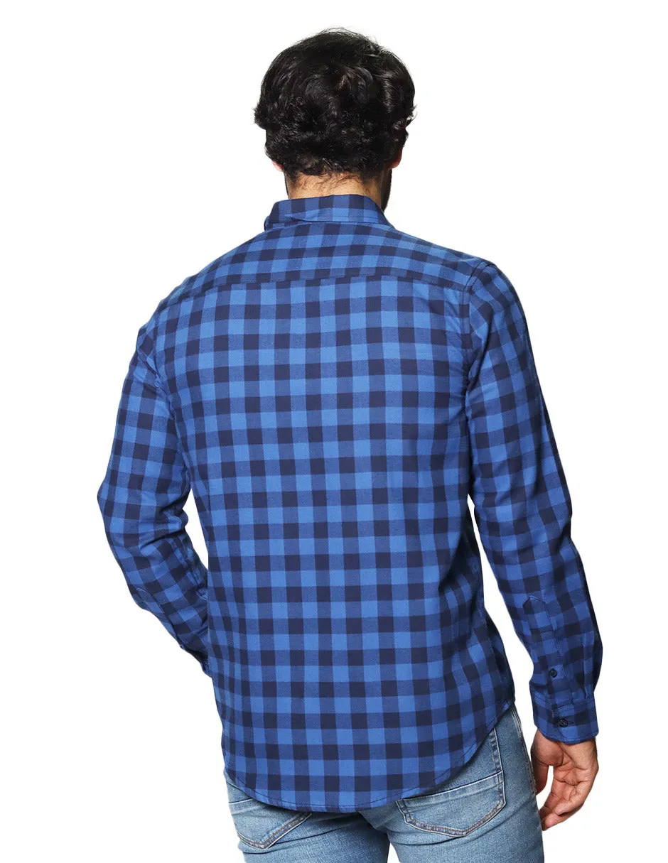 Camisas Para Hombre De Manga Larga Con Estampado De Cuadros Regular Fit B35228 Azul