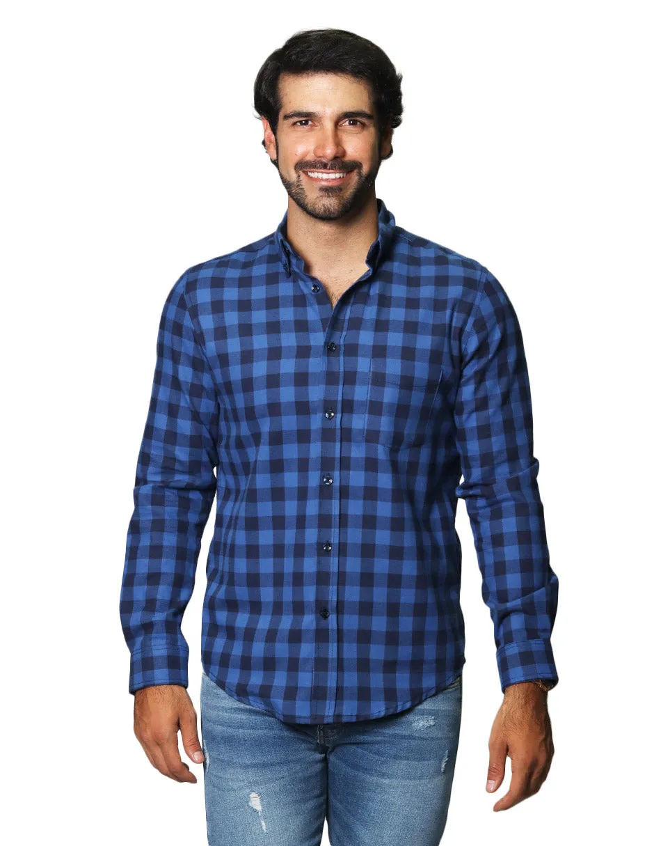 Camisas Para Hombre De Manga Larga Con Estampado De Cuadros Regular Fit B35228 Azul