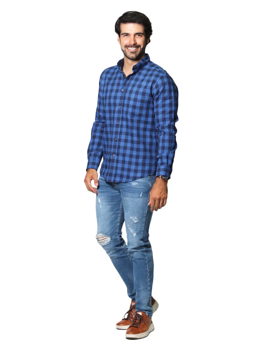 Camisas Para Hombre De Manga Larga Con Estampado De Cuadros Regular Fit B35228 Azul