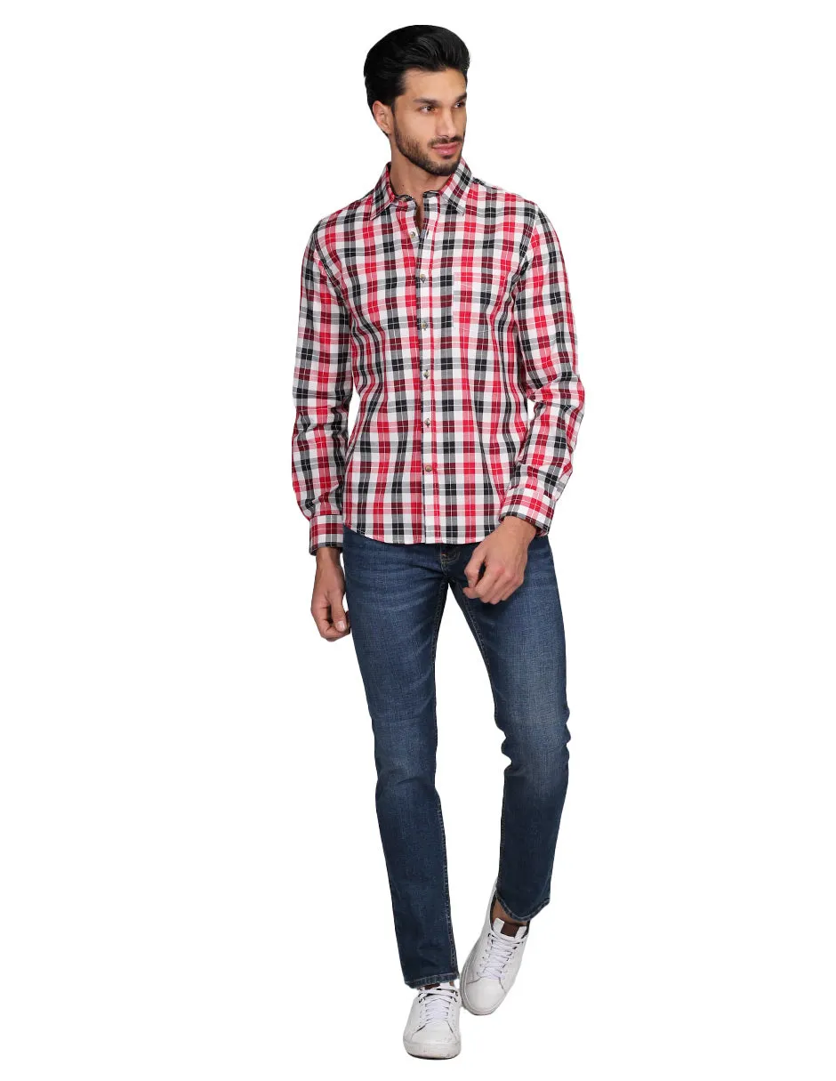 Camisas Para Hombre Manga Larga Cuadros Slim Fit Rojo B21106
