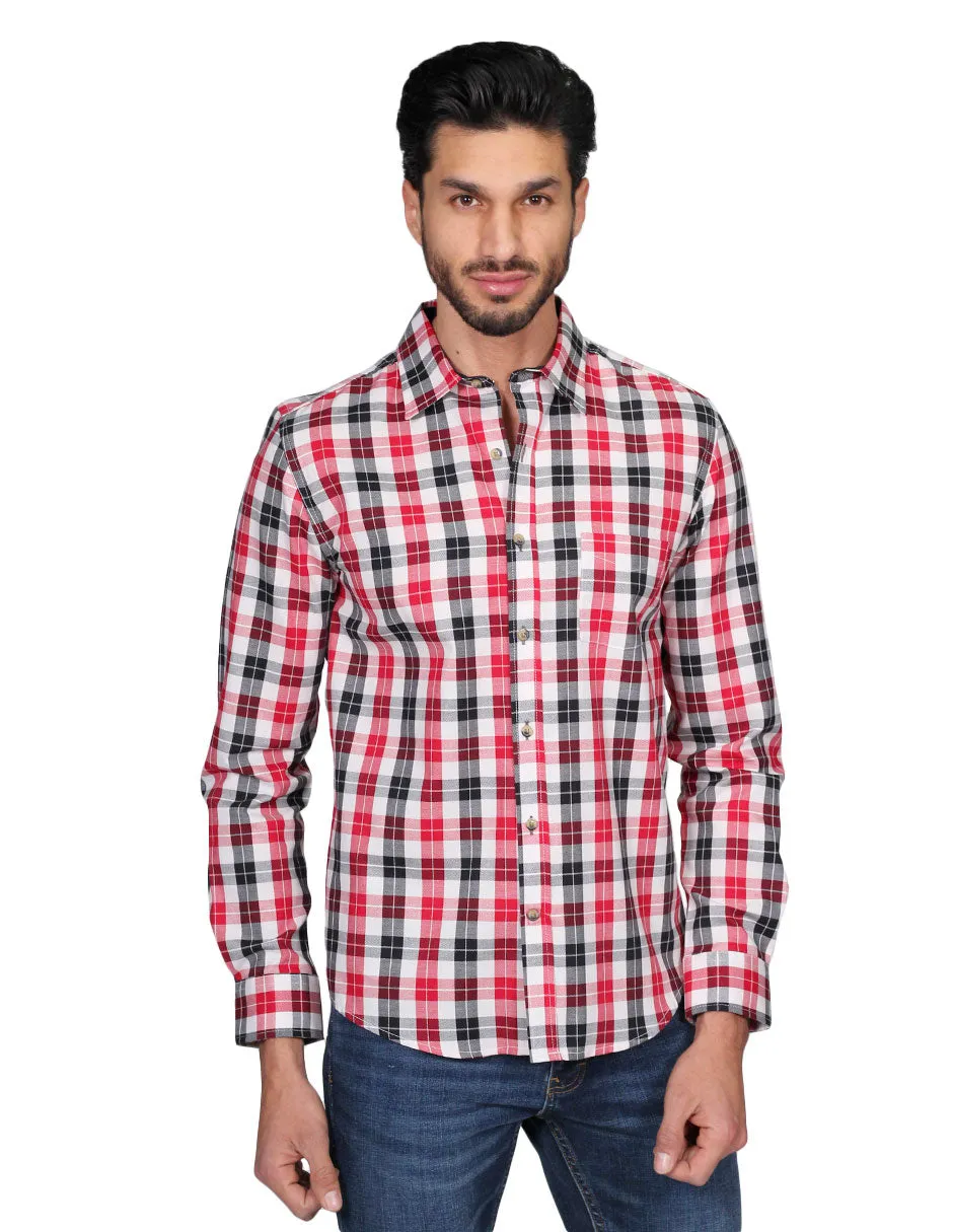 Camisas Para Hombre Manga Larga Cuadros Slim Fit Rojo B21106