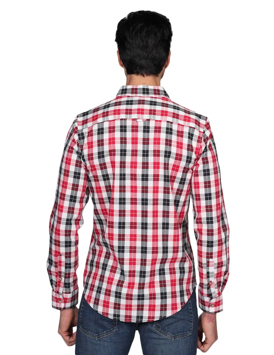 Camisas Para Hombre Manga Larga Cuadros Slim Fit Rojo B21106