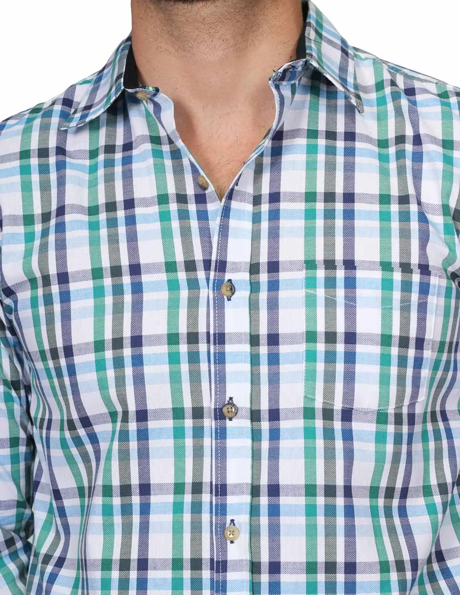 Camisas Para Hombre Manga Larga Cuadros Slim Fit Verde B21105