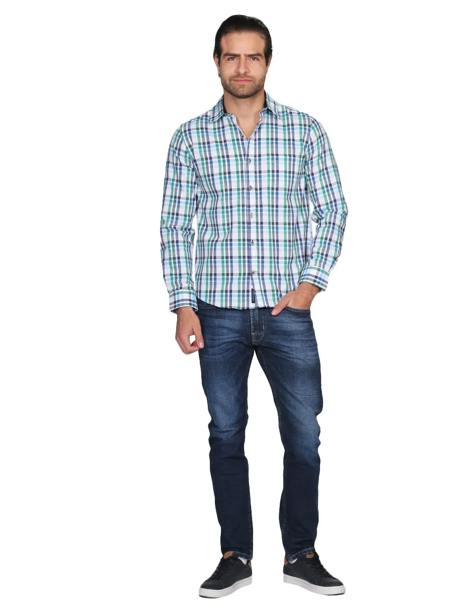 Camisas Para Hombre Manga Larga Cuadros Slim Fit Verde B21105