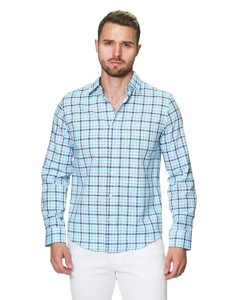Camisas Para Hombre Manga Larga Cuadros Tipo Lino Slim Fit B31304 Aqua