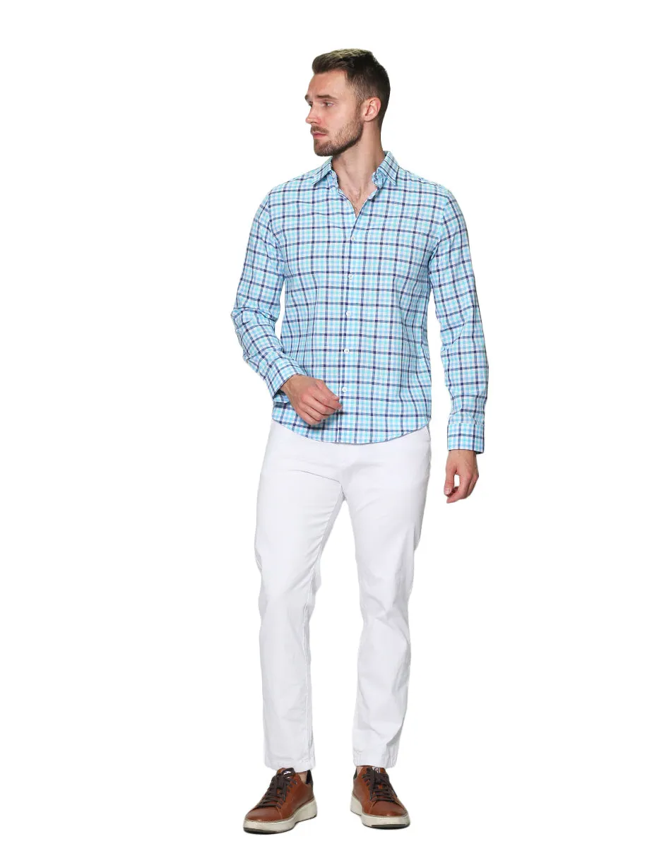 Camisas Para Hombre Manga Larga Cuadros Tipo Lino Slim Fit B31304 Aqua