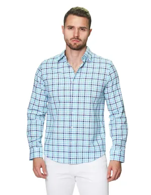 Camisas Para Hombre Manga Larga Cuadros Tipo Lino Slim Fit B31304 Aqua