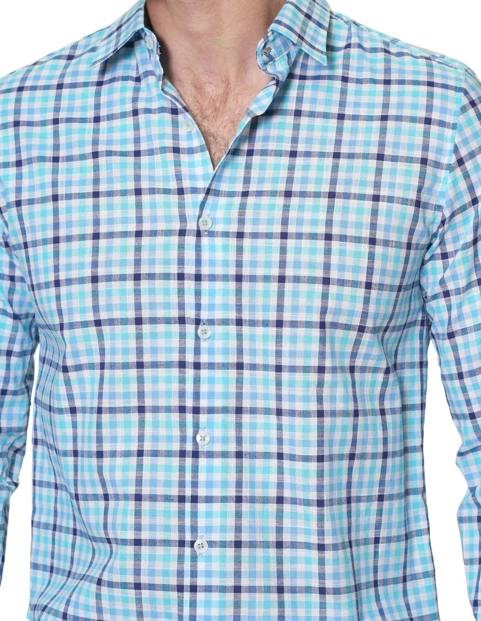 Camisas Para Hombre Manga Larga Cuadros Tipo Lino Slim Fit B31304 Aqua