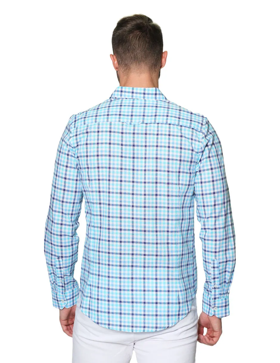 Camisas Para Hombre Manga Larga Cuadros Tipo Lino Slim Fit B31304 Aqua