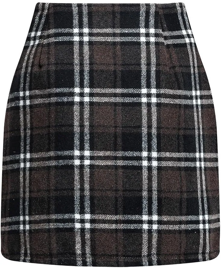 COTECRAM Plaid Mini Skirts for Women Trendy High Waisted Fall Winter Wool Bodycon Pencil Midi Skirts A-line