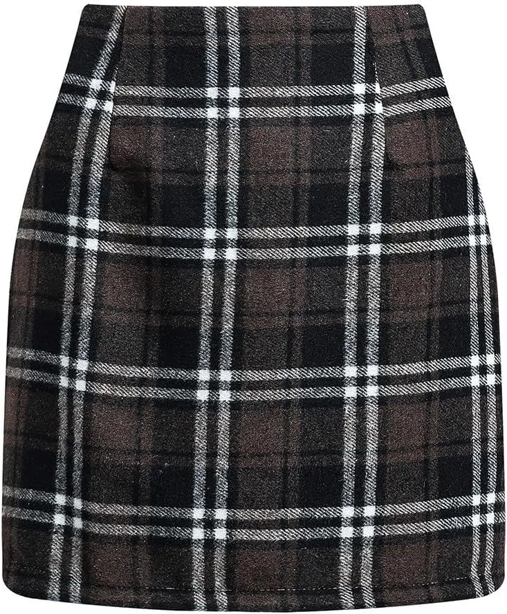 COTECRAM Plaid Mini Skirts for Women Trendy High Waisted Fall Winter Wool Bodycon Pencil Midi Skirts A-line