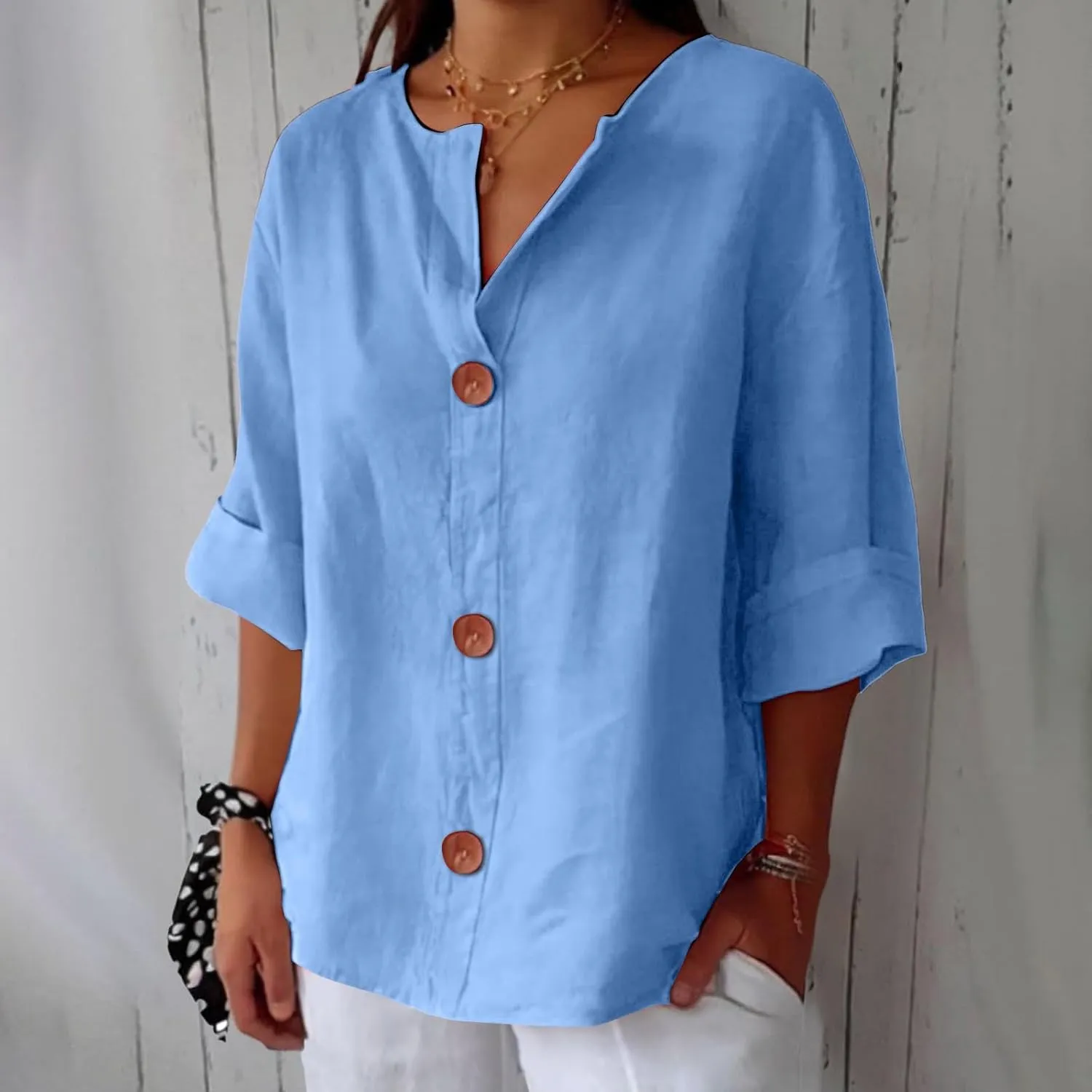 Cotton Linen Shirts for Women 2025 Trendy Summer Loose Fit Casual V Neck 3/4 Sleeve Peasant Blouses Beach Tunic Tops