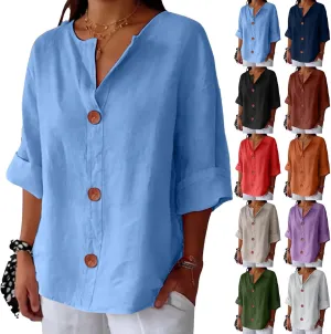 Cotton Linen Shirts for Women 2025 Trendy Summer Loose Fit Casual V Neck 3/4 Sleeve Peasant Blouses Beach Tunic Tops