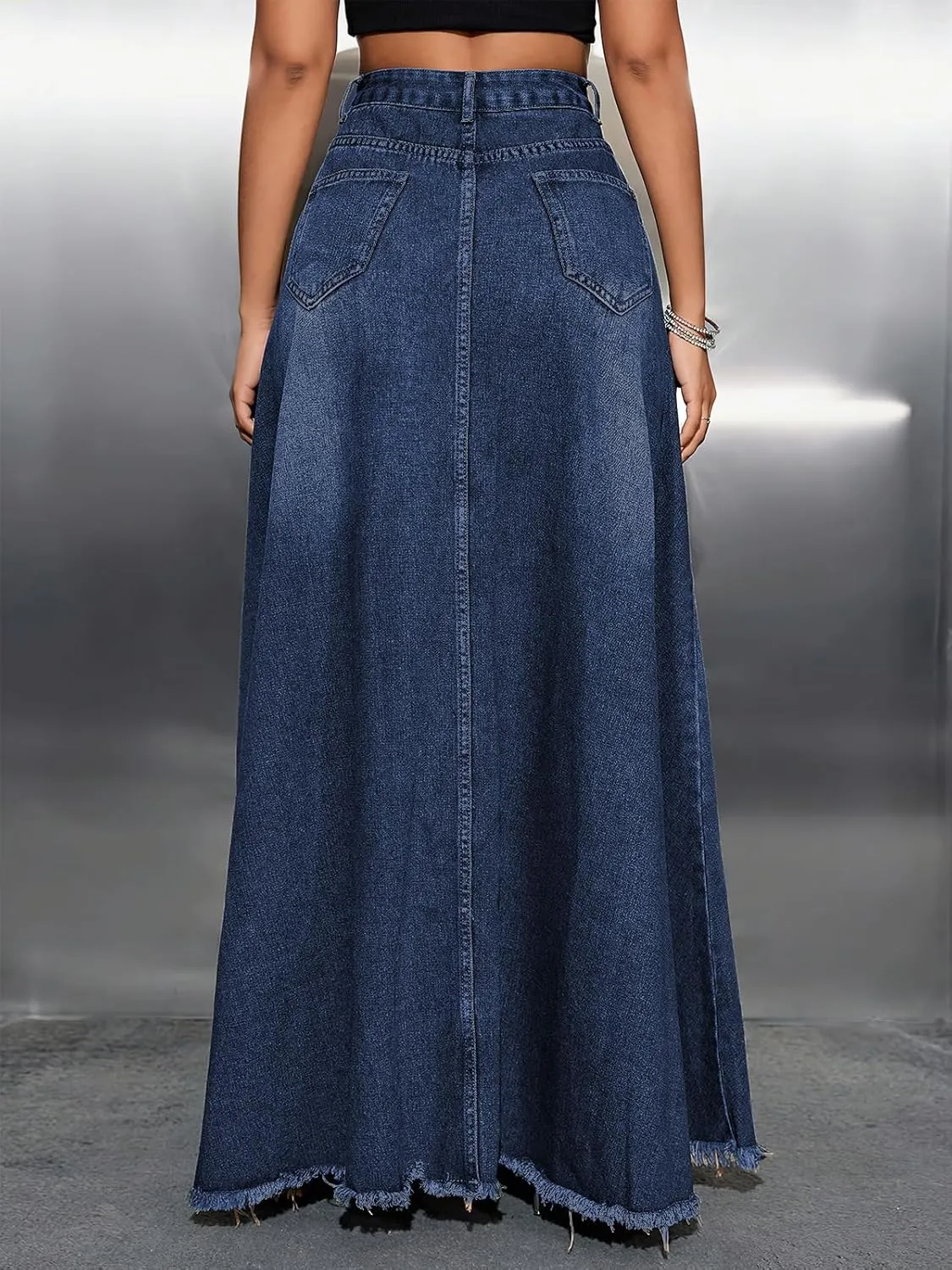 ebossy Women's Retro Distressed High Waist Frayed Hem A Line Wash Maxi Long Denim Skirt with Pockets