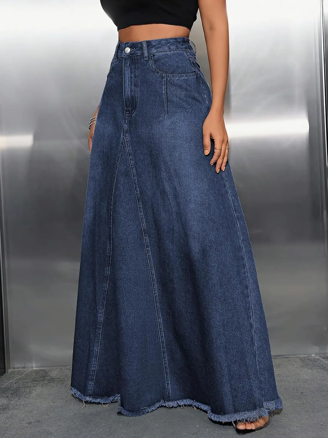 ebossy Women's Retro Distressed High Waist Frayed Hem A Line Wash Maxi Long Denim Skirt with Pockets