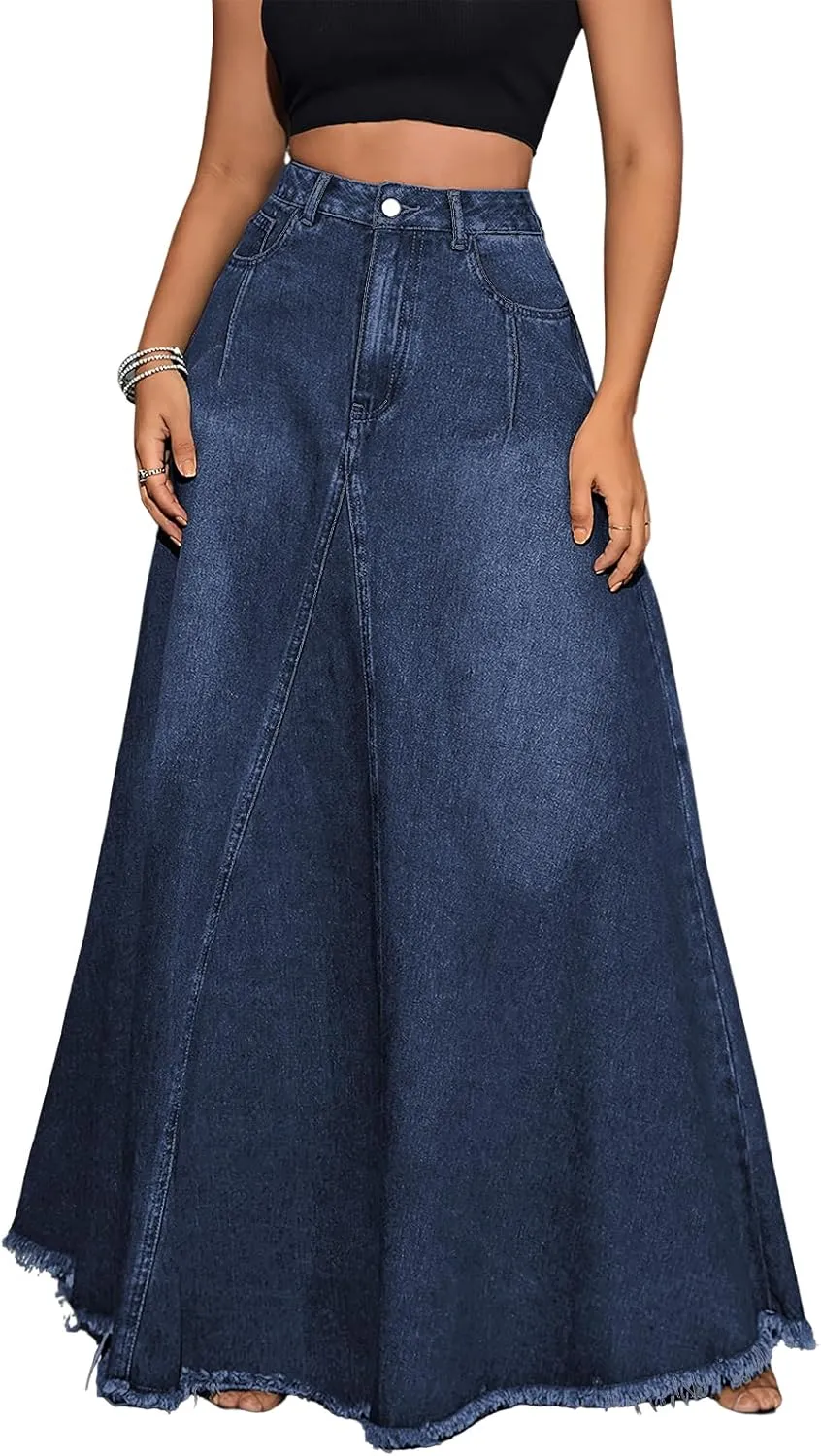 ebossy Women's Retro Distressed High Waist Frayed Hem A Line Wash Maxi Long Denim Skirt with Pockets