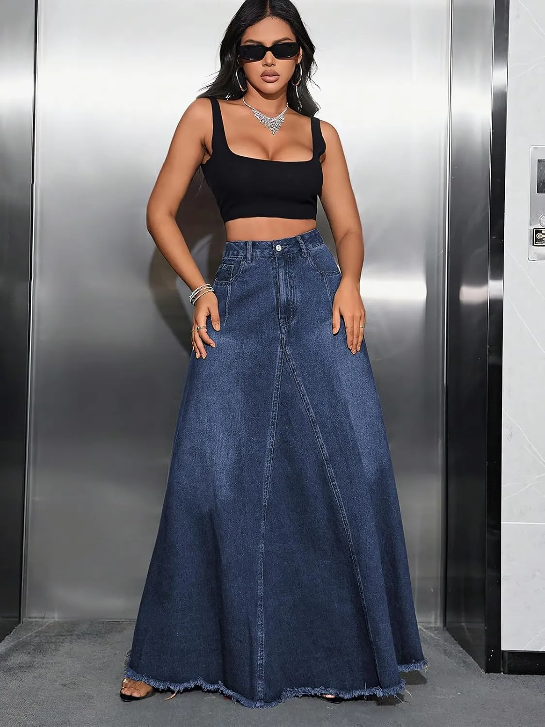 ebossy Women's Retro Distressed High Waist Frayed Hem A Line Wash Maxi Long Denim Skirt with Pockets