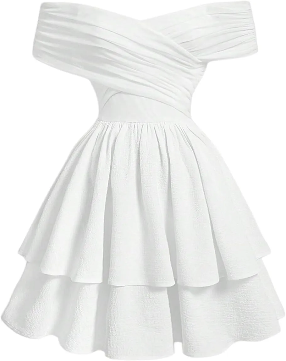 Floerns Women's Off Shoulder A Line Dress Wrap Front Party A Line Tiered Dress
