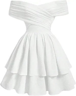 Floerns Women's Off Shoulder A Line Dress Wrap Front Party A Line Tiered Dress