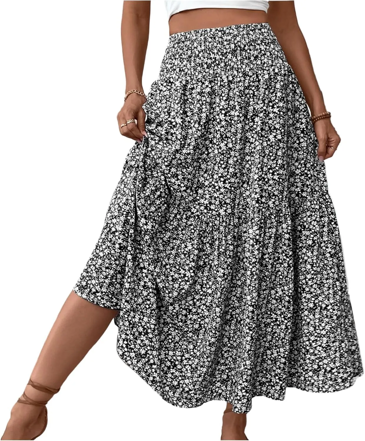 Floral Maxi Skirt for Women Summer Comfy Tiered Elastic High Waisted Skirts 2025 Vacation A-Line Flowy Swing Long Skirts