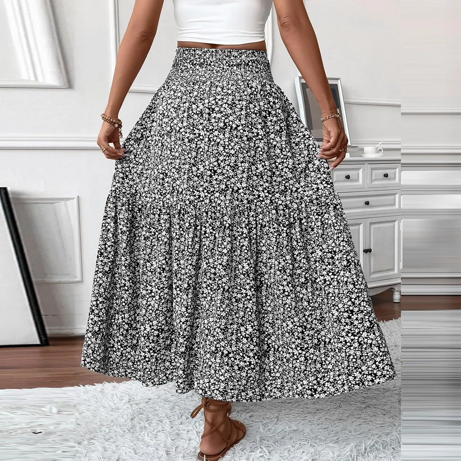 Floral Maxi Skirt for Women Summer Comfy Tiered Elastic High Waisted Skirts 2025 Vacation A-Line Flowy Swing Long Skirts