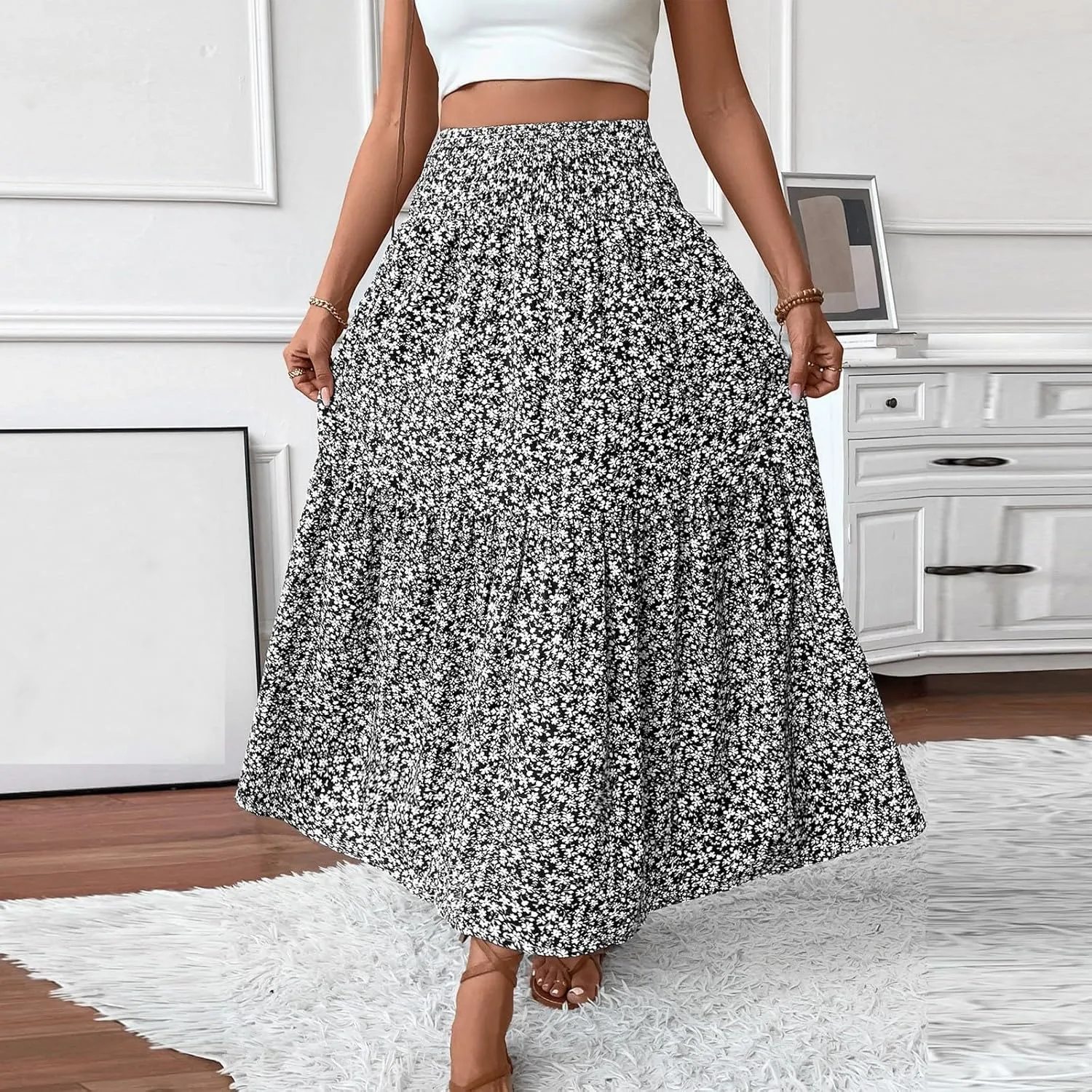 Floral Maxi Skirt for Women Summer Comfy Tiered Elastic High Waisted Skirts 2025 Vacation A-Line Flowy Swing Long Skirts