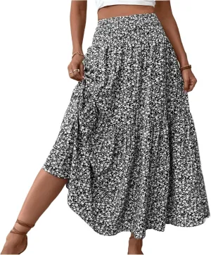 Floral Maxi Skirt for Women Summer Comfy Tiered Elastic High Waisted Skirts 2025 Vacation A-Line Flowy Swing Long Skirts