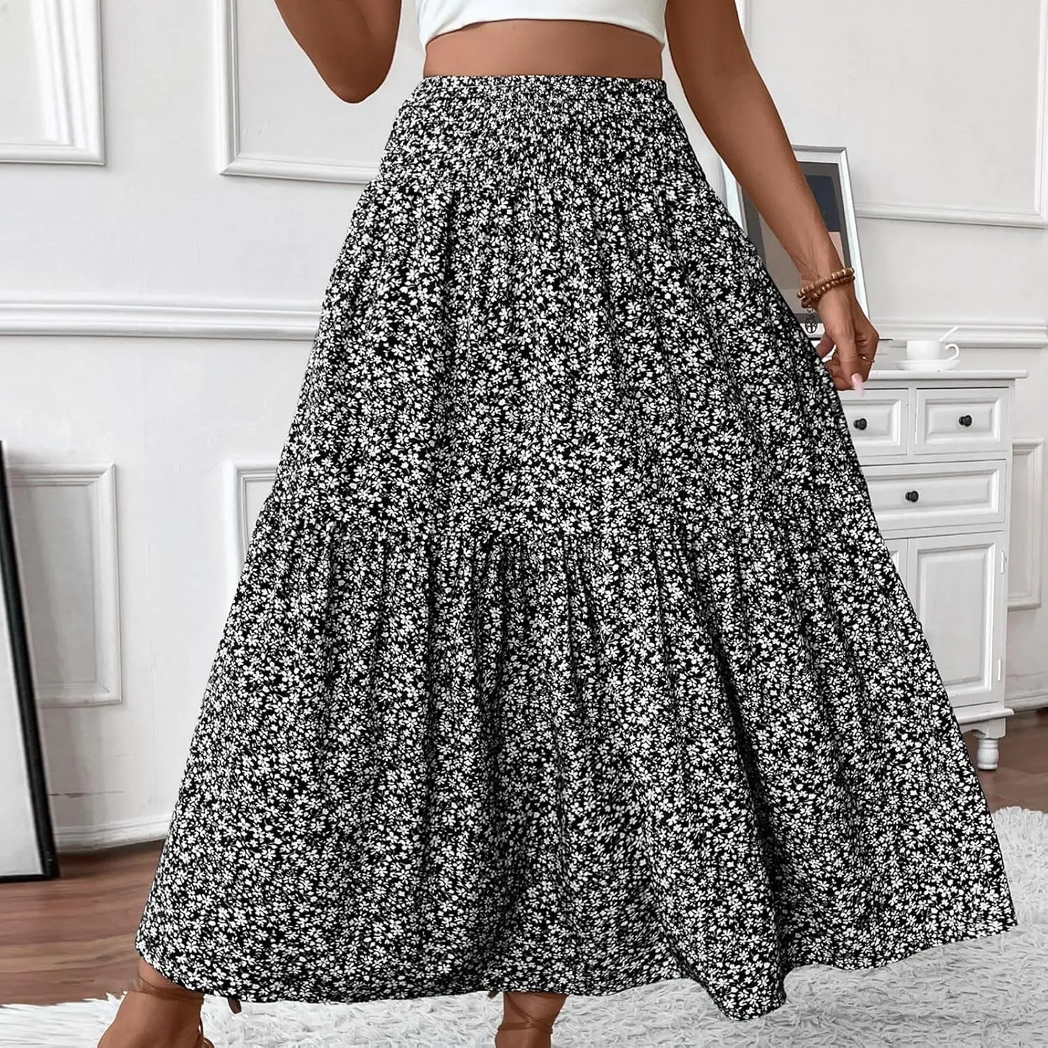 Floral Maxi Skirt for Women Summer Comfy Tiered Elastic High Waisted Skirts 2025 Vacation A-Line Flowy Swing Long Skirts