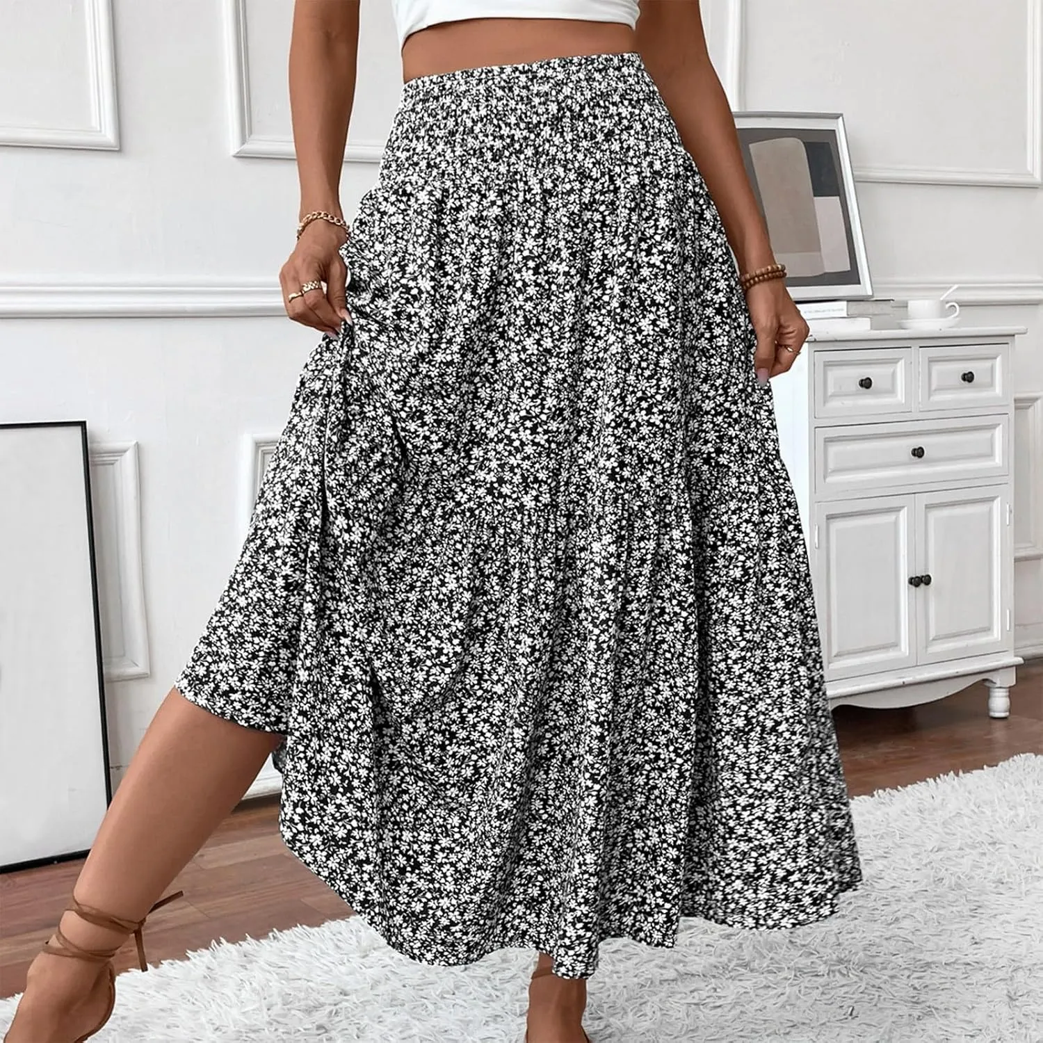Floral Maxi Skirt for Women Summer Comfy Tiered Elastic High Waisted Skirts 2025 Vacation A-Line Flowy Swing Long Skirts