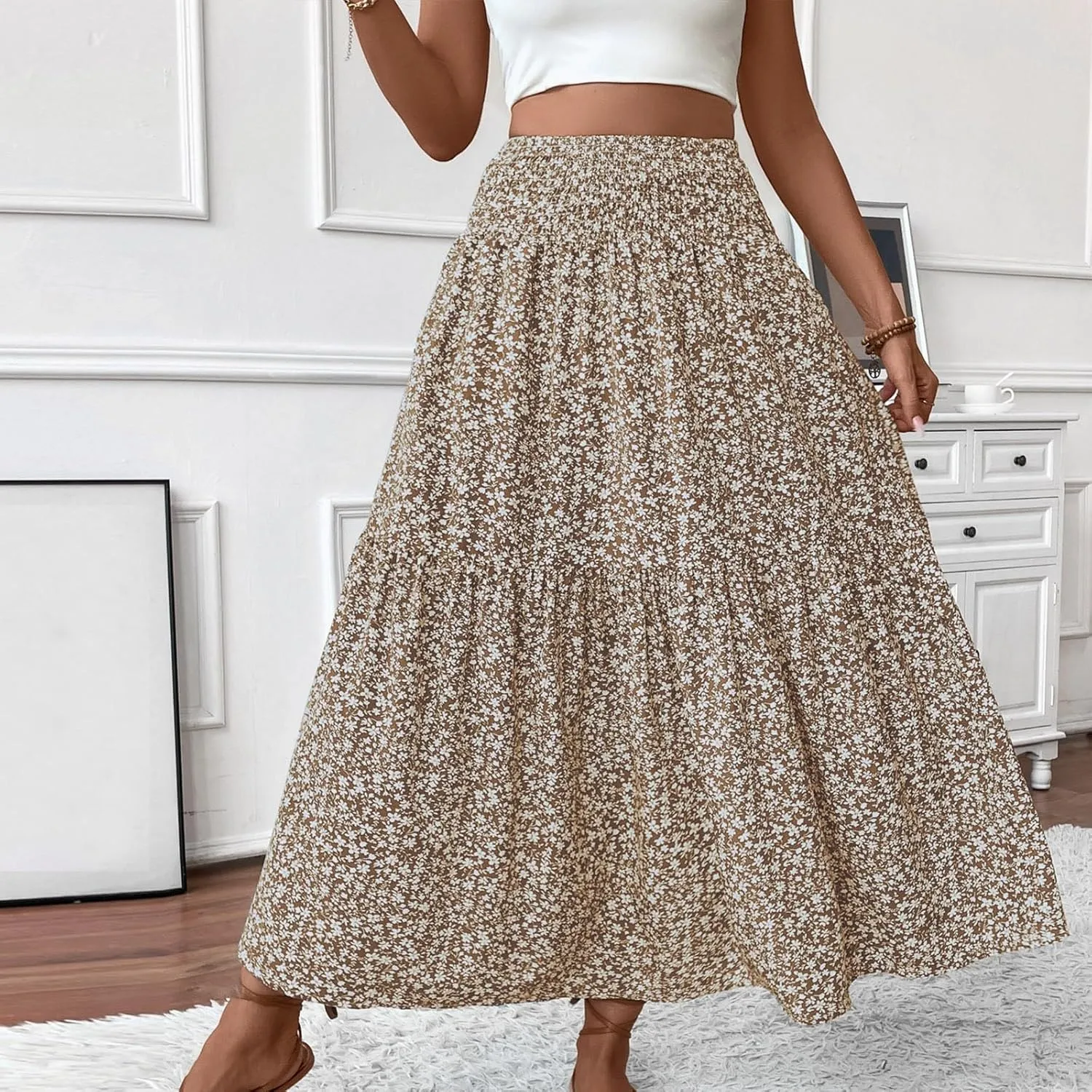 Floral Maxi Skirts for Women 2025 Boho Smocked High Waisted Aline Long Skirts Summer Vacation Beach Skirt with Pocket