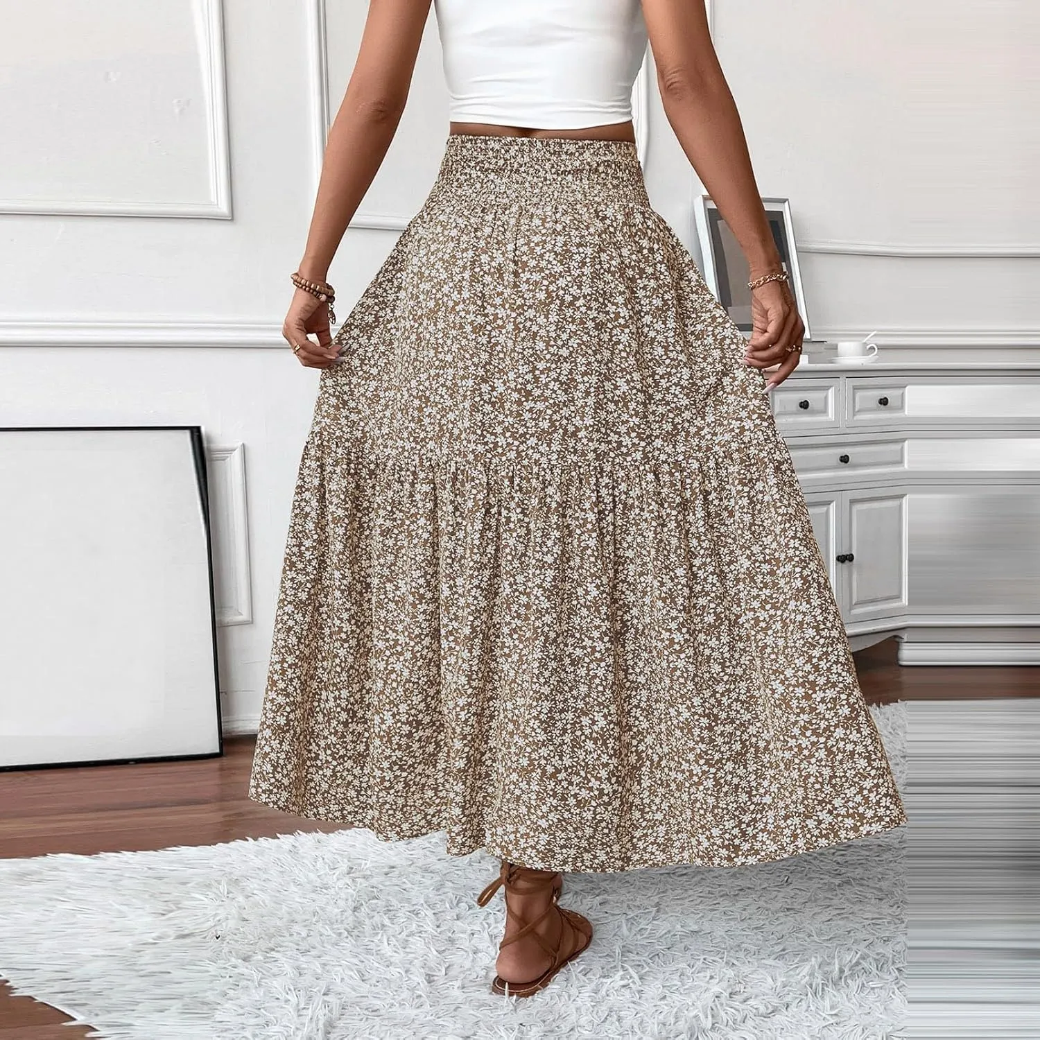 Floral Maxi Skirts for Women 2025 Boho Smocked High Waisted Aline Long Skirts Summer Vacation Beach Skirt with Pocket