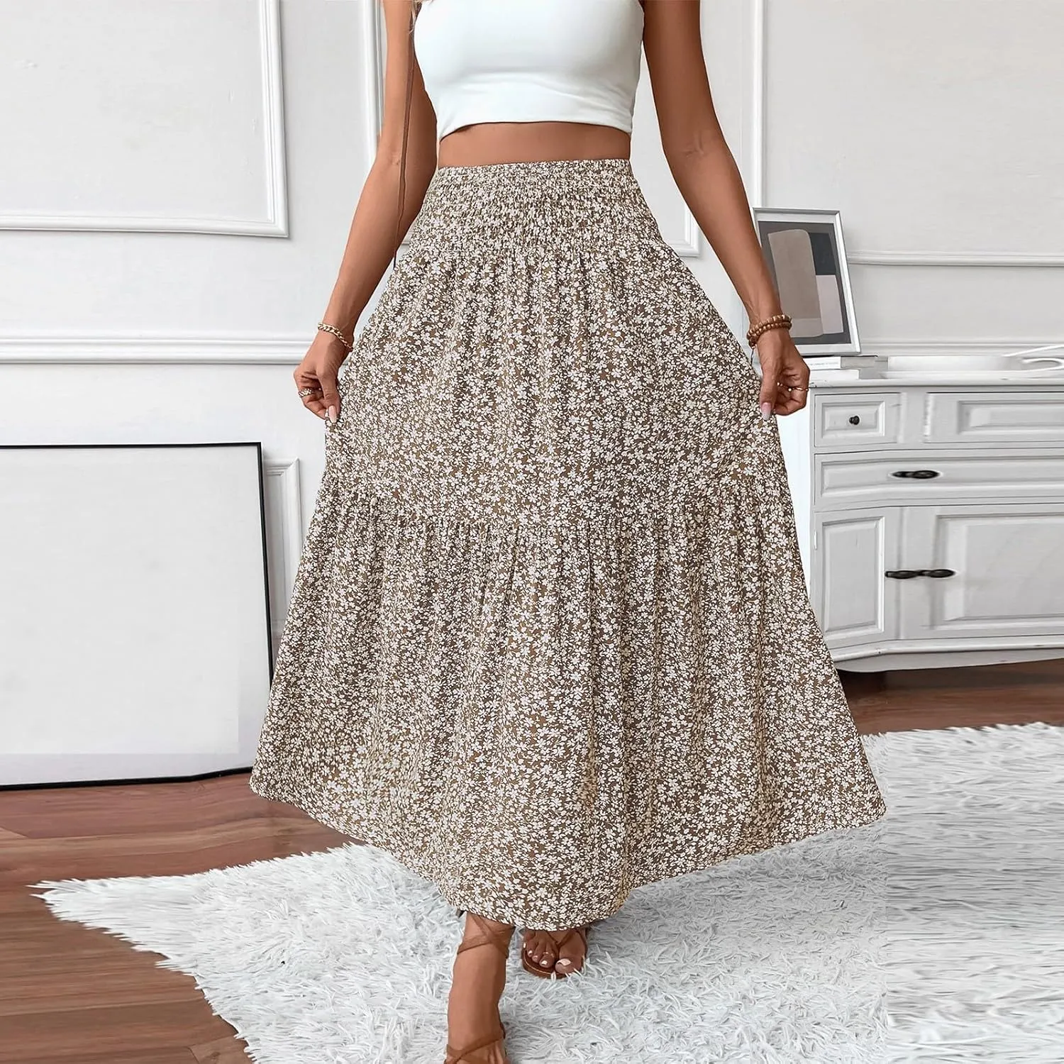 Floral Maxi Skirts for Women 2025 Boho Smocked High Waisted Aline Long Skirts Summer Vacation Beach Skirt with Pocket