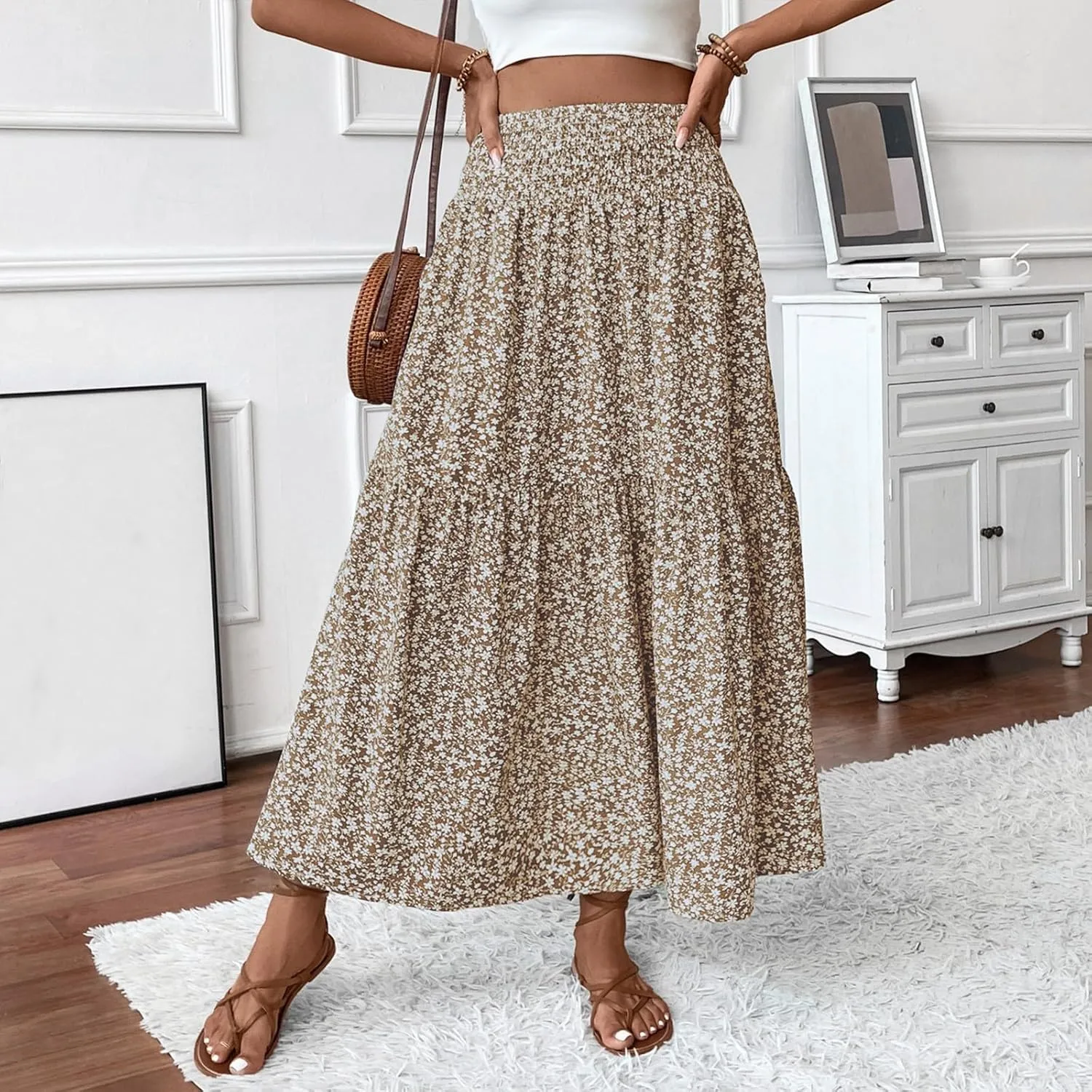 Floral Maxi Skirts for Women 2025 Boho Smocked High Waisted Aline Long Skirts Summer Vacation Beach Skirt with Pocket