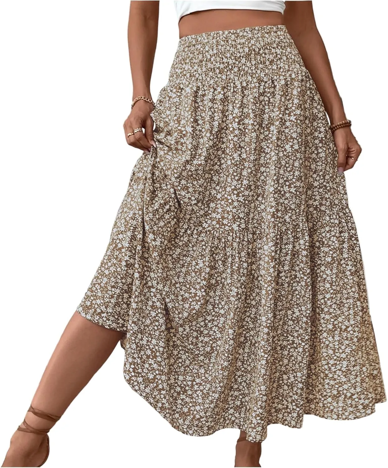 Floral Maxi Skirts for Women 2025 Boho Smocked High Waisted Aline Long Skirts Summer Vacation Beach Skirt with Pocket