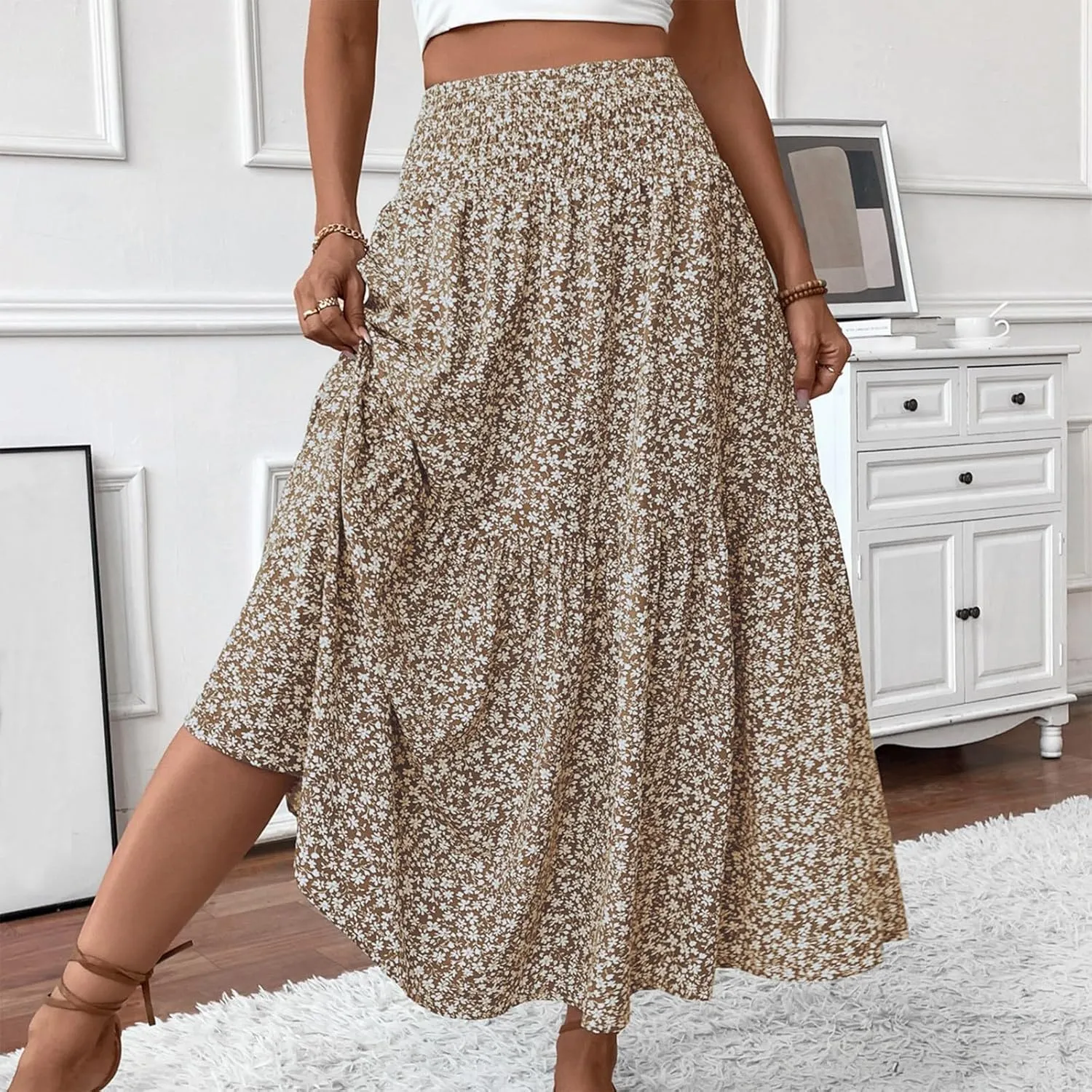 Floral Maxi Skirts for Women 2025 Boho Smocked High Waisted Aline Long Skirts Summer Vacation Beach Skirt with Pocket