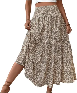 Floral Maxi Skirts for Women 2025 Boho Smocked High Waisted Aline Long Skirts Summer Vacation Beach Skirt with Pocket