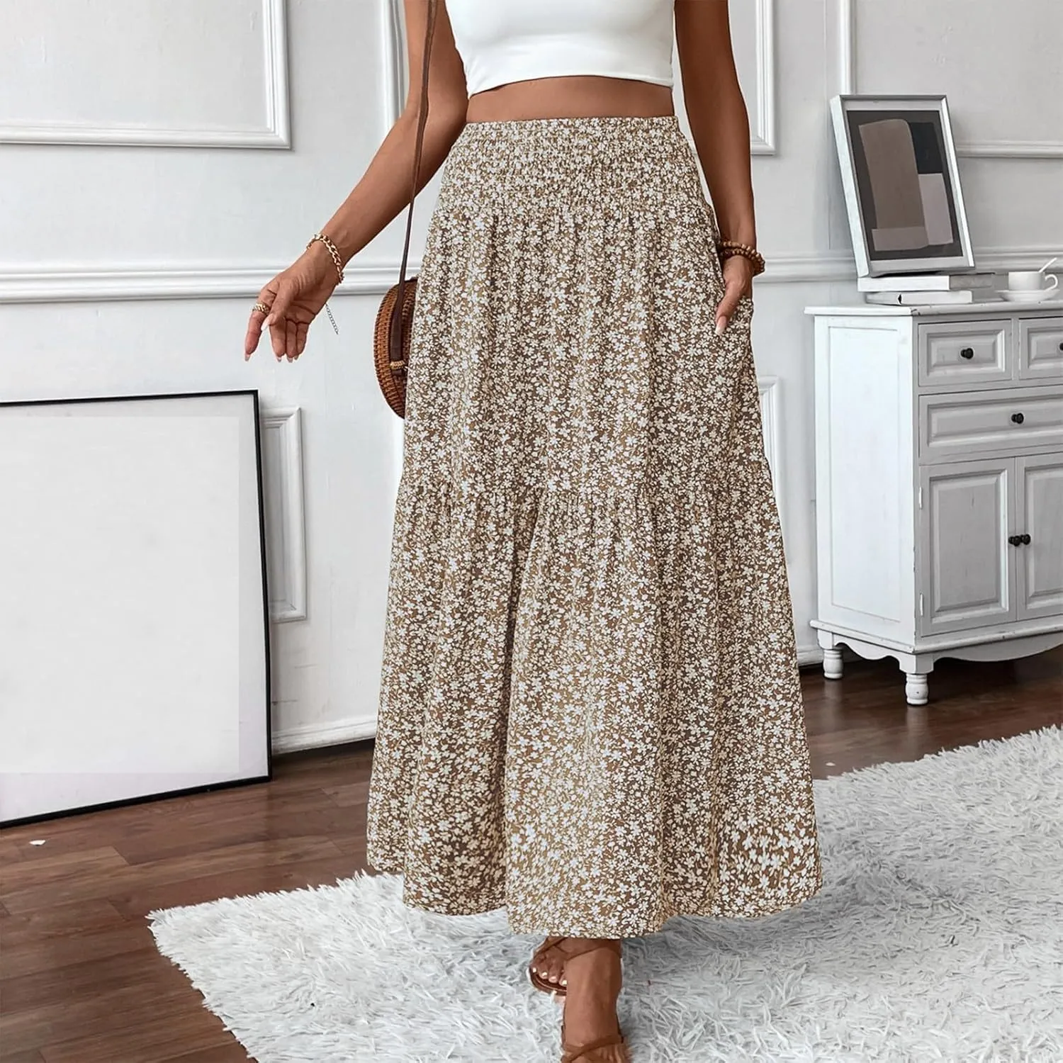 Floral Maxi Skirts for Women 2025 Boho Smocked High Waisted Aline Long Skirts Summer Vacation Beach Skirt with Pocket