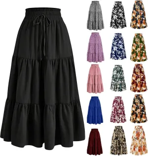 Floral Maxi Skirts for Women Ditsy Floral Tiered Flowy Long Skirt Boho Drawstring High Waisted Aline Ruffle Skirt