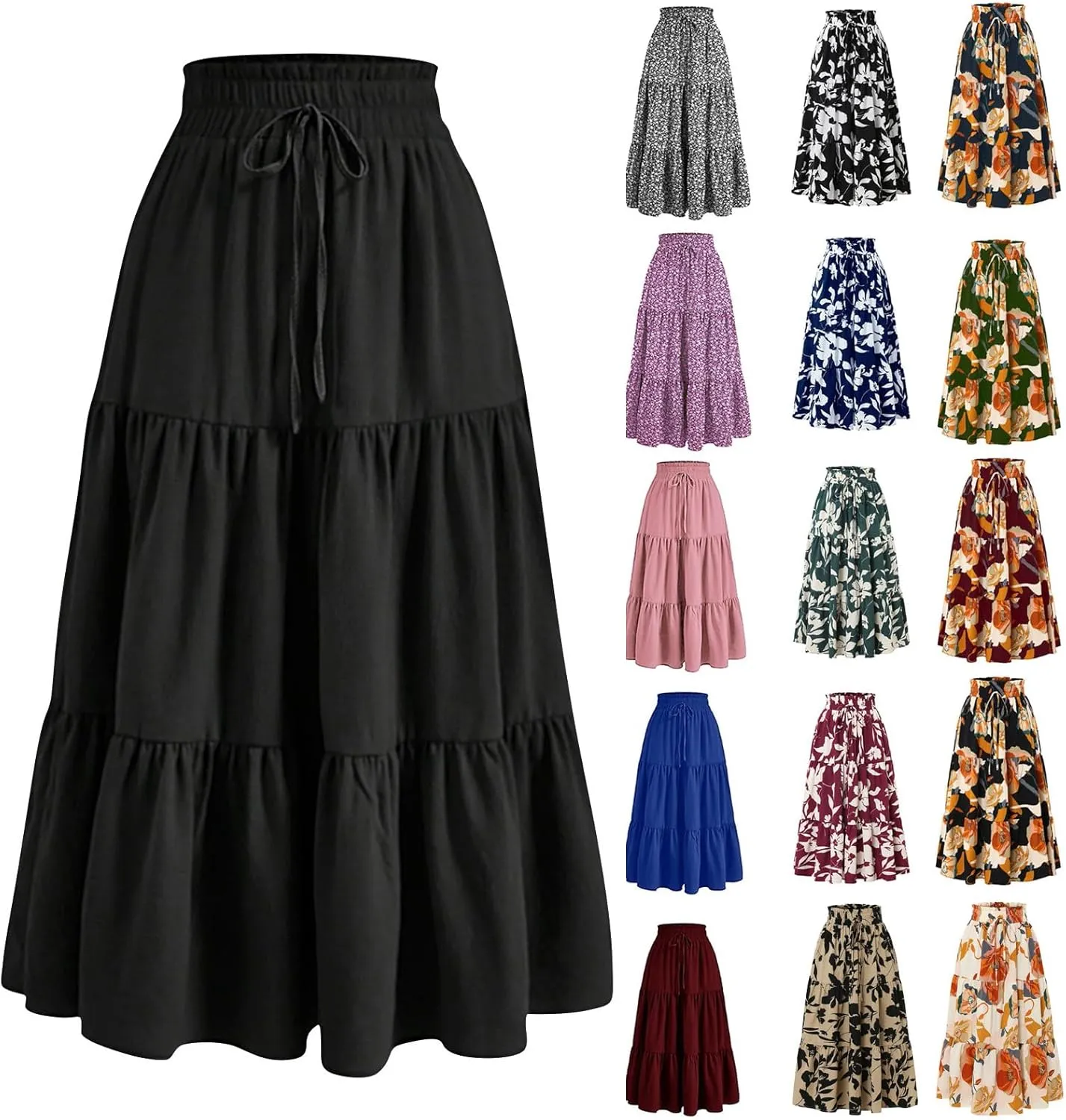 Floral Maxi Skirts for Women Ditsy Floral Tiered Flowy Long Skirt Boho Drawstring High Waisted Aline Ruffle Skirt