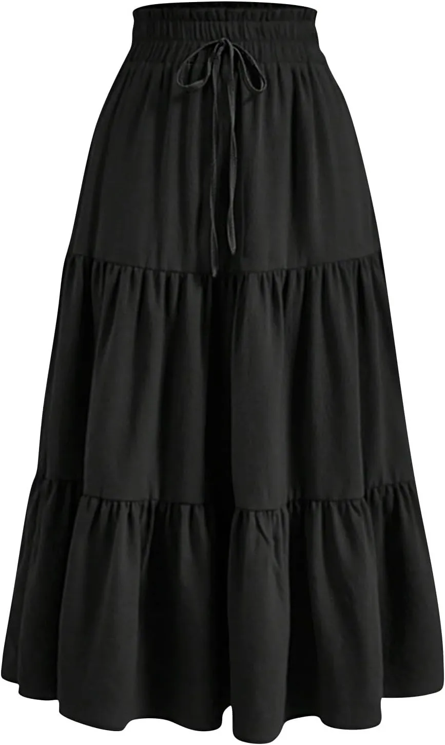 Floral Maxi Skirts for Women Ditsy Floral Tiered Flowy Long Skirt Boho Drawstring High Waisted Aline Ruffle Skirt