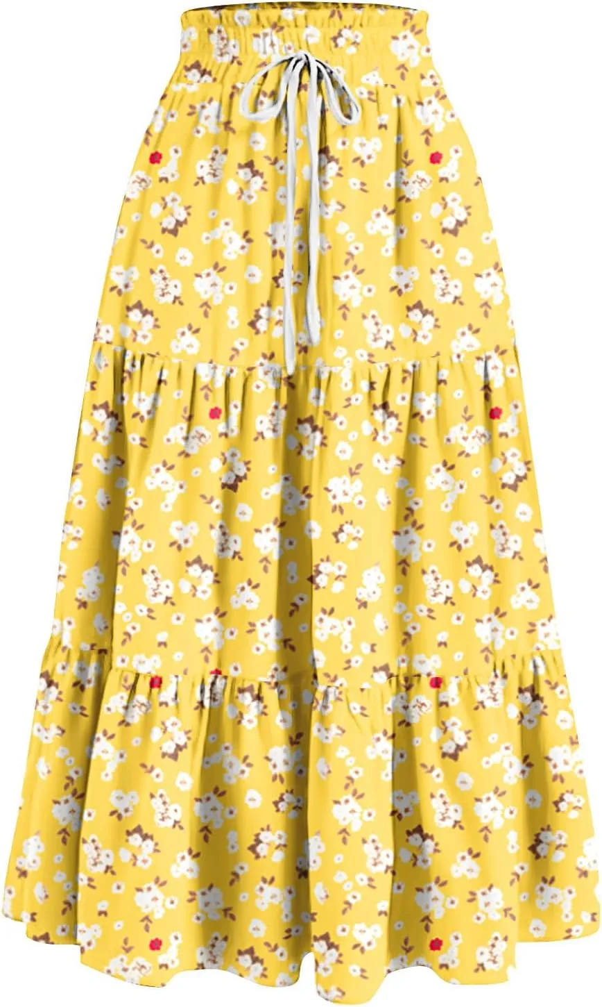 Maxi Skirts for Women 2025 Spring Summer Trendy Elastic Waist Floral Flowy Long Skirt Beach Vacation Clothes