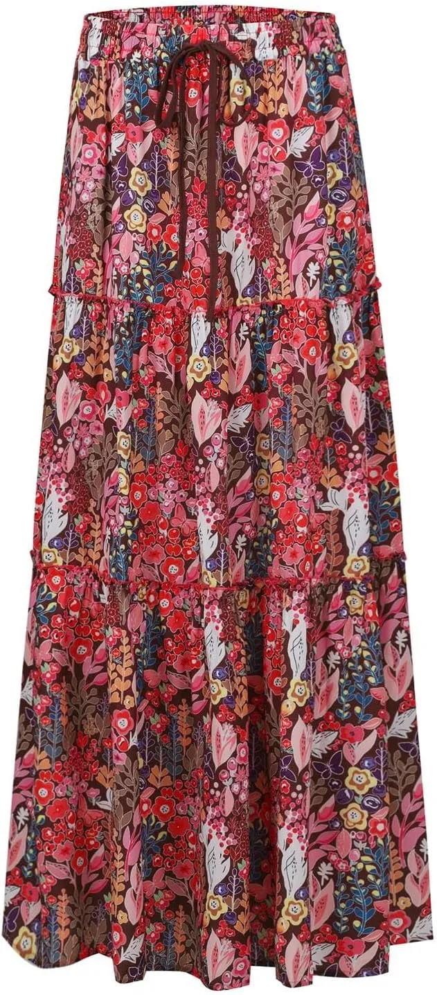 Maxi Skirts for Women Boho Flowy High Waisted Tiered Long Floral Skirts Ladies Casual Bohemian Summer Clothes 2025