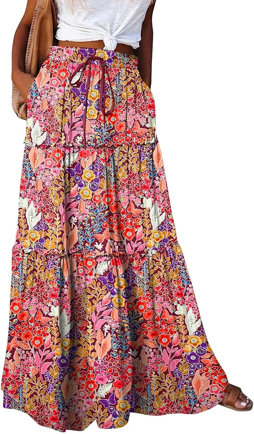 Maxi Skirts for Women Boho Flowy High Waisted Tiered Long Floral Skirts Ladies Casual Bohemian Summer Clothes 2025