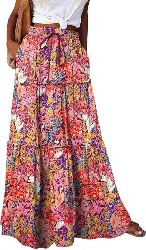 Maxi Skirts for Women Boho Flowy High Waisted Tiered Long Floral Skirts Ladies Casual Bohemian Summer Clothes 2025
