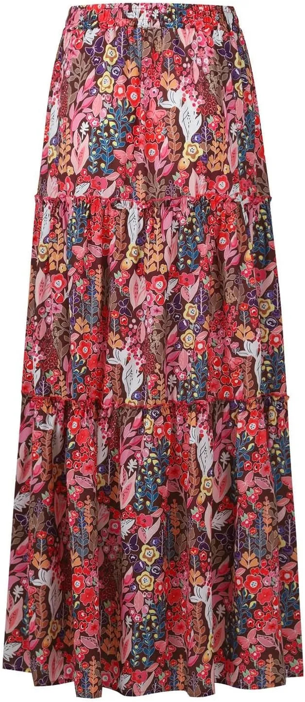 Maxi Skirts for Women Boho Flowy High Waisted Tiered Long Floral Skirts Ladies Casual Bohemian Summer Clothes 2025